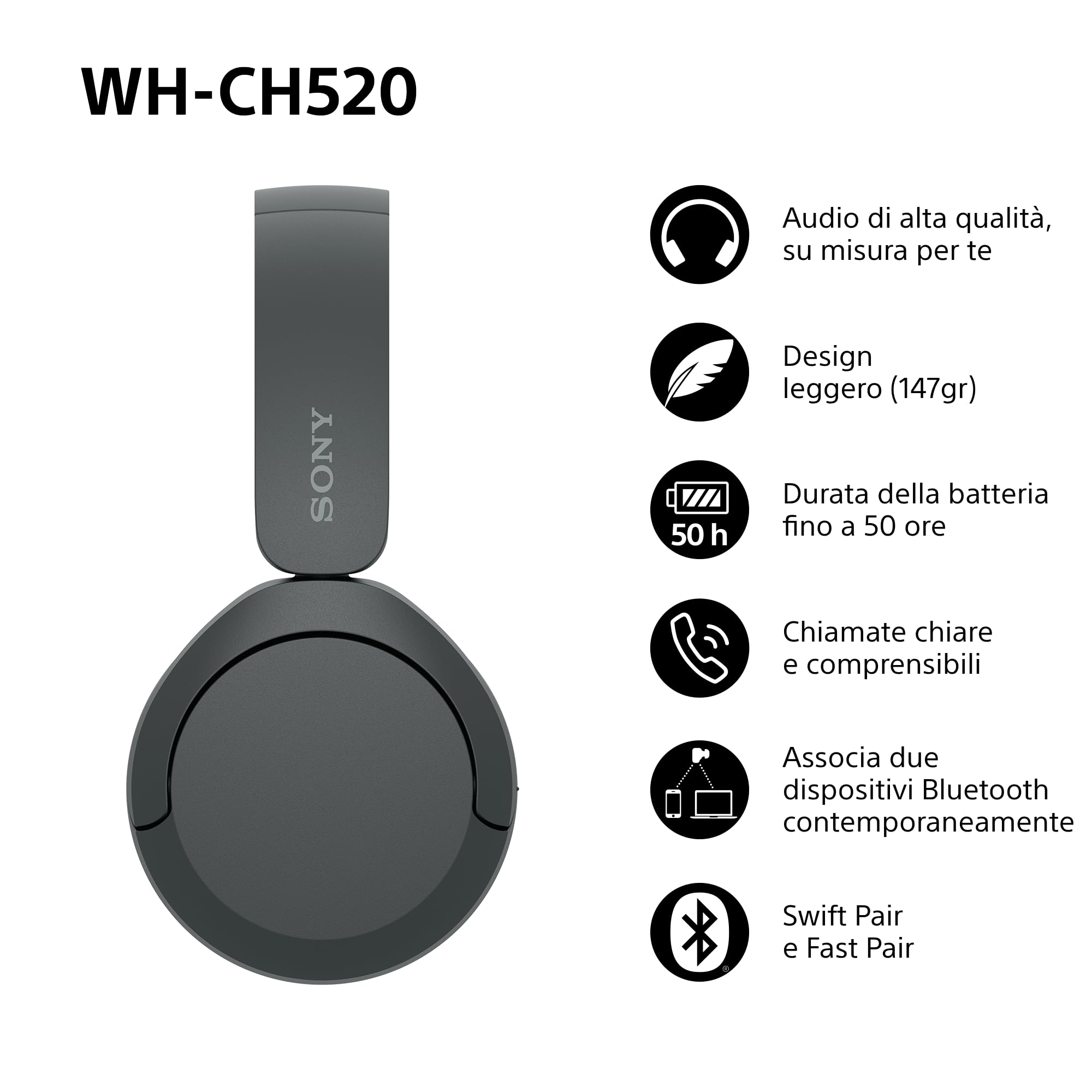sony-wh-ch520-cuffie-wireless-on-ear-nero-50h-batteria-multipoint-dsee image 4